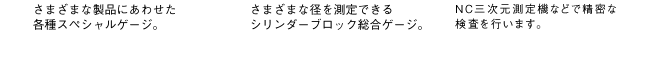 左の写真のキャプション：自動車エンジンのピストン測定ゲージ。真円度2μm、真直度3μmのピン穴径をはじめ、公差10μm、±0.05mmの精度。右の写真のキャプション：さまざまな径を測定できるシリンダーブロック総合ゲージ。